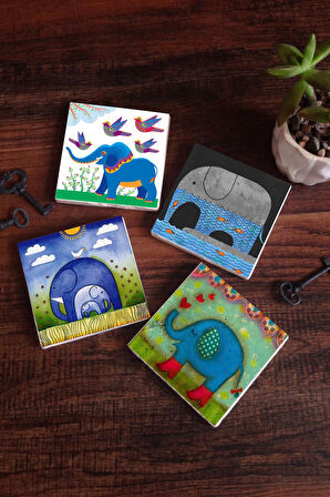 Fil Taş Bardak Altlığı Masaüstü Koruyucu Altlık 4 Parça Set 10x10cm Stone Coasters