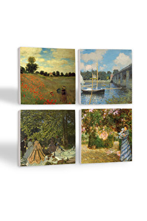 Claude Monet Bahçede, Kırda Öğle Yemeği, Argenteuil'de Köprü, Gelincikler Taş Bardak Altlığı Masaüstü Koruyucu Altlık 4 Parça Set 10x10cm Stone Coasters