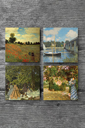 Claude Monet Bahçede, Kırda Öğle Yemeği, Argenteuil'de Köprü, Gelincikler Taş Bardak Altlığı Masaüstü Koruyucu Altlık 4 Parça Set 10x10cm Stone Coasters
