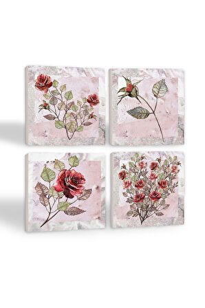 Gül Çiçek Taş Bardak Altlığı Masaüstü Koruyucu Altlık 4 Parça Set 10x10cm Stone Coasters