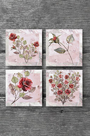 Gül Çiçek Taş Bardak Altlığı Masaüstü Koruyucu Altlık 4 Parça Set 10x10cm Stone Coasters
