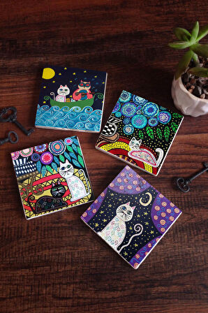 Kedi Taş Bardak Altlığı Masaüstü Koruyucu Altlık 4 Parça Set 10x10cm Stone Coasters