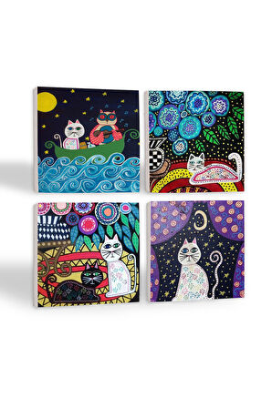 Kedi Taş Bardak Altlığı Masaüstü Koruyucu Altlık 4 Parça Set 10x10cm Stone Coasters