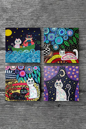 Kedi Taş Bardak Altlığı Masaüstü Koruyucu Altlık 4 Parça Set 10x10cm Stone Coasters