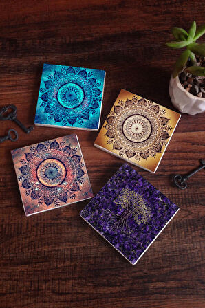 Mandala, Hayat Ağacı Taş Bardak Altlığı Masaüstü Koruyucu Altlık 4 Parça Set 10x10cm Stone Coasters