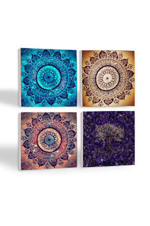 Mandala, Hayat Ağacı Taş Bardak Altlığı Masaüstü Koruyucu Altlık 4 Parça Set 10x10cm Stone Coasters