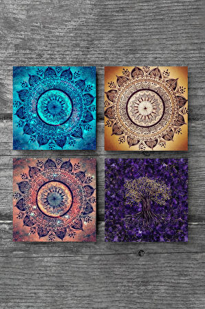 Mandala, Hayat Ağacı Taş Bardak Altlığı Masaüstü Koruyucu Altlık 4 Parça Set 10x10cm Stone Coasters