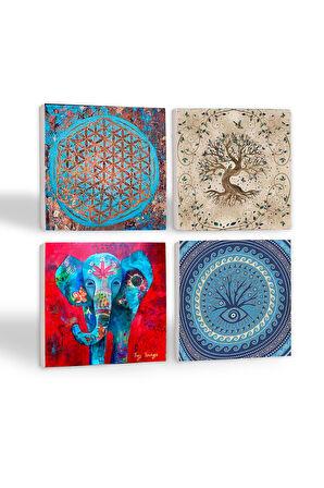 Fil, Nazar, Yaşam Çiçeği, Hayat Ağacı Taş Bardak Altlığı Masaüstü Koruyucu Altlık 4 Parça Set 10x10cm Stone Coasters