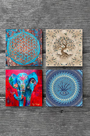 Fil, Nazar, Yaşam Çiçeği, Hayat Ağacı Taş Bardak Altlığı Masaüstü Koruyucu Altlık 4 Parça Set 10x10cm Stone Coasters