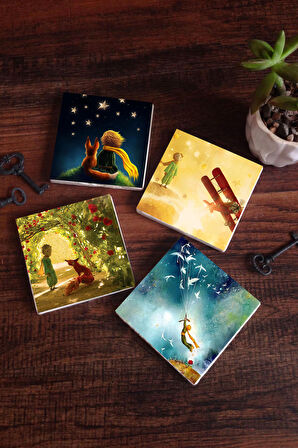 Küçük Prens Taş Bardak Altlığı Masaüstü Koruyucu Altlık 4 Parça Set 10x10cm Stone Coasters