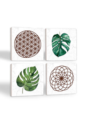 Yaprak, Yaşam Çiçeği Taş Bardak Altlığı Masaüstü Koruyucu Altlık 4 Parça Set 10x10cm Stone Coasters