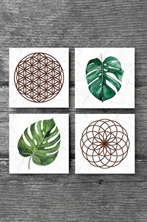Yaprak, Yaşam Çiçeği Taş Bardak Altlığı Masaüstü Koruyucu Altlık 4 Parça Set 10x10cm Stone Coasters