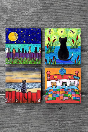 Kedi Taş Bardak Altlığı Masaüstü Koruyucu Altlık 4 Parça Set 10x10cm Stone Coasters