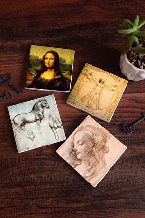 Da Vinci Mona Lisa, Genç Bir Kadının Baş Profili, Vitruvius Adamı, At Heykeli Taş Bardak Altlığı Masaüstü Koruyucu Altlık 4 Parça Set 10x10cm Stone Coasters