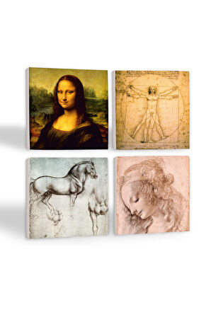 Da Vinci Mona Lisa, Genç Bir Kadının Baş Profili, Vitruvius Adamı, At Heykeli Taş Bardak Altlığı Masaüstü Koruyucu Altlık 4 Parça Set 10x10cm Stone Coasters