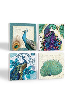 Tavus Kuşu Taş Bardak Altlığı Masaüstü Koruyucu Altlık 4 Parça Set 10x10cm Stone Coasters