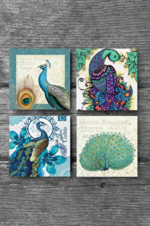 Tavus Kuşu Taş Bardak Altlığı Masaüstü Koruyucu Altlık 4 Parça Set 10x10cm Stone Coasters