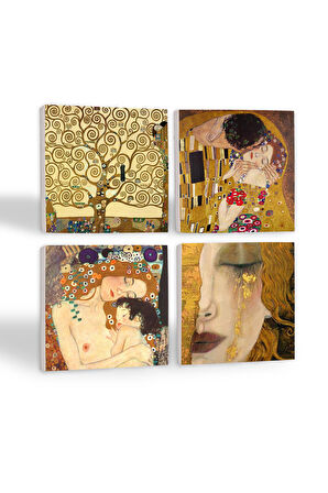 Gustav Klimt Altın Gözyaşları, Anne Çocuk, Öpücük, Hayat Ağacı Taş Bardak Altlığı Masaüstü Koruyucu Altlık 4 Parça Set 10x10cm Stone Coasters
