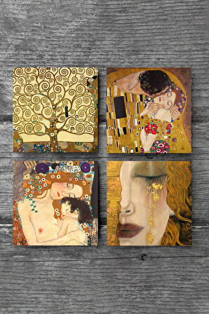 Gustav Klimt Altın Gözyaşları, Anne Çocuk, Öpücük, Hayat Ağacı Taş Bardak Altlığı Masaüstü Koruyucu Altlık 4 Parça Set 10x10cm Stone Coasters