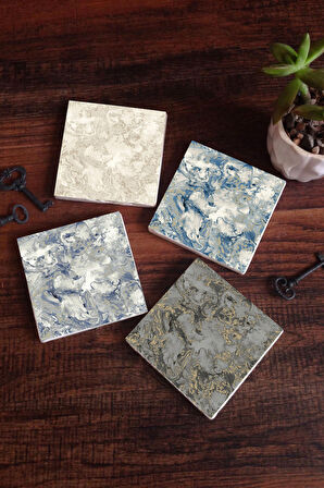Desen Taş Bardak Altlığı Masaüstü Koruyucu Altlık 4 Parça Set 10x10cm Stone Coasters