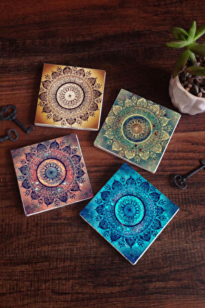 Mandala Taş Bardak Altlığı Masaüstü Koruyucu Altlık 4 Parça Set 10x10cm Stone Coasters