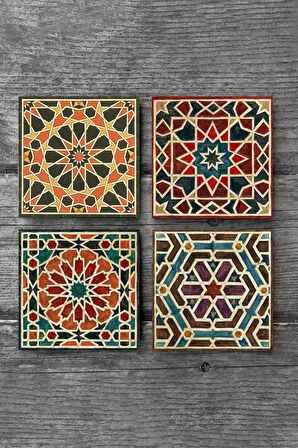 Etnik Desen Taş Bardak Altlığı Masaüstü Koruyucu Altlık 4 Parça Set 10x10cm Stone Coasters