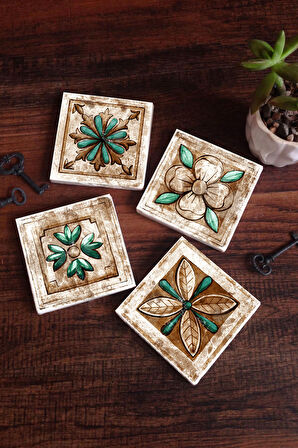Fas Desenli Vintage Taş Bardak Altlığı Masaüstü Koruyucu Altlık 4 Parça Set 10x10cm Stone Coasters