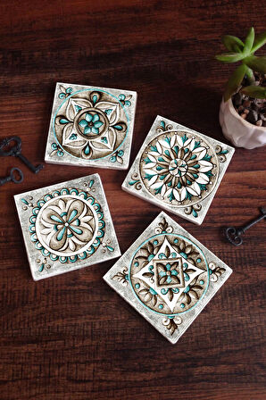 Çini Sanatı Taş Bardak Altlığı Masaüstü Koruyucu Altlık 4 Parça Set 10x10cm Stone Coasters