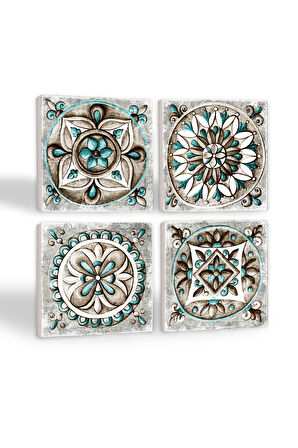 Çini Sanatı Taş Bardak Altlığı Masaüstü Koruyucu Altlık 4 Parça Set 10x10cm Stone Coasters