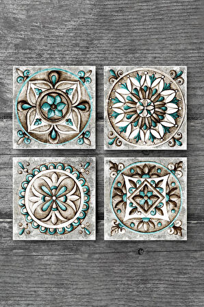 Çini Sanatı Taş Bardak Altlığı Masaüstü Koruyucu Altlık 4 Parça Set 10x10cm Stone Coasters