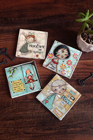 Mutlu Kız Taş Bardak Altlığı Masaüstü Koruyucu Altlık 4 Parça Set 10x10cm Stone Coasters