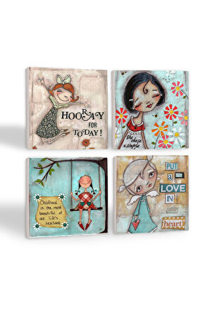 Mutlu Kız Taş Bardak Altlığı Masaüstü Koruyucu Altlık 4 Parça Set 10x10cm Stone Coasters