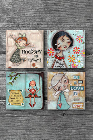 Mutlu Kız Taş Bardak Altlığı Masaüstü Koruyucu Altlık 4 Parça Set 10x10cm Stone Coasters