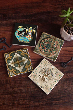 Vintage, Desen, Şahmeran, Hayat Ağacı Taş Bardak Altlığı Masaüstü Koruyucu Altlık 4 Parça Set 10x10cm Stone Coasters