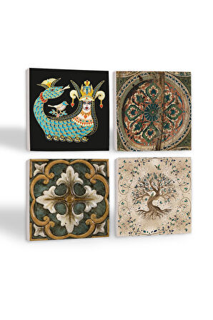Vintage, Desen, Şahmeran, Hayat Ağacı Taş Bardak Altlığı Masaüstü Koruyucu Altlık 4 Parça Set 10x10cm Stone Coasters