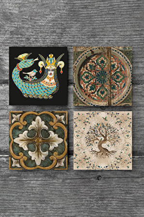 Vintage, Desen, Şahmeran, Hayat Ağacı Taş Bardak Altlığı Masaüstü Koruyucu Altlık 4 Parça Set 10x10cm Stone Coasters