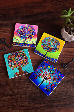 Hayat Ağacı Taş Bardak Altlığı Masaüstü Koruyucu Altlık 4 Parça Set 10x10cm Stone Coasters