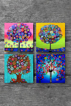 Hayat Ağacı Taş Bardak Altlığı Masaüstü Koruyucu Altlık 4 Parça Set 10x10cm Stone Coasters