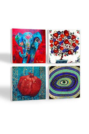 Fil, Nazar, Nar Ağacı, Nar Taş Bardak Altlığı Masaüstü Koruyucu Altlık 4 Parça Set 10x10cm Stone Coasters