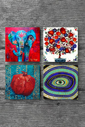 Fil, Nazar, Nar Ağacı, Nar Taş Bardak Altlığı Masaüstü Koruyucu Altlık 4 Parça Set 10x10cm Stone Coasters