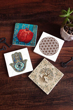 Yaşam Çiçeği, Hayat Ağacı, Nar, Fatma Ana Eli (Hamsa) Taş Bardak Altlığı Masaüstü Koruyucu Altlık 4 Parça Set 10x10cm Stone Coasters