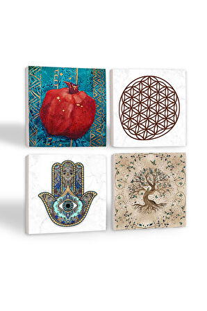 Yaşam Çiçeği, Hayat Ağacı, Nar, Fatma Ana Eli (Hamsa) Taş Bardak Altlığı Masaüstü Koruyucu Altlık 4 Parça Set 10x10cm Stone Coasters