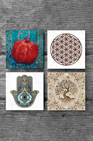 Yaşam Çiçeği, Hayat Ağacı, Nar, Fatma Ana Eli (Hamsa) Taş Bardak Altlığı Masaüstü Koruyucu Altlık 4 Parça Set 10x10cm Stone Coasters