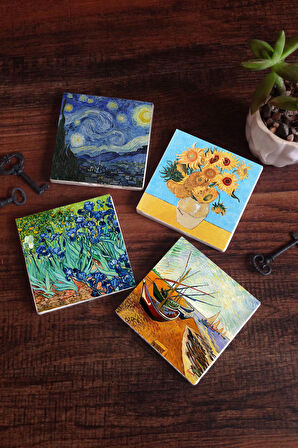 Van Gogh Balıkçı Tekneleri, On İki Ayçiçekli Vazo, İrisler, Yıldızlı Gece Taş Bardak Altlığı Masaüstü Koruyucu Altlık 4 Parça Set 10x10cm Stone Coasters