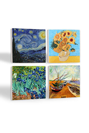 Van Gogh Balıkçı Tekneleri, On İki Ayçiçekli Vazo, İrisler, Yıldızlı Gece Taş Bardak Altlığı Masaüstü Koruyucu Altlık 4 Parça Set 10x10cm Stone Coasters