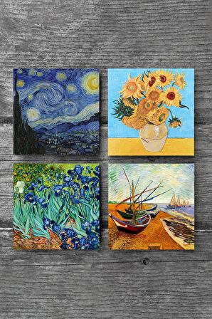 Van Gogh Balıkçı Tekneleri, On İki Ayçiçekli Vazo, İrisler, Yıldızlı Gece Taş Bardak Altlığı Masaüstü Koruyucu Altlık 4 Parça Set 10x10cm Stone Coasters