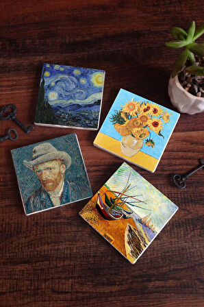 Van Gogh Balıkçı Tekneleri, On İki Ayçiçekli Vazo, Yıldızlı Gece, Otoportre Taş Bardak Altlığı Masaüstü Koruyucu Altlık 4 Parça Set 10x10cm Stone Coasters