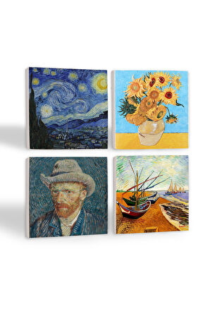 Van Gogh Balıkçı Tekneleri, On İki Ayçiçekli Vazo, Yıldızlı Gece, Otoportre Taş Bardak Altlığı Masaüstü Koruyucu Altlık 4 Parça Set 10x10cm Stone Coasters