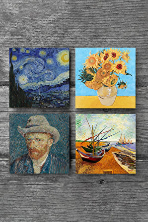 Van Gogh Balıkçı Tekneleri, On İki Ayçiçekli Vazo, Yıldızlı Gece, Otoportre Taş Bardak Altlığı Masaüstü Koruyucu Altlık 4 Parça Set 10x10cm Stone Coasters