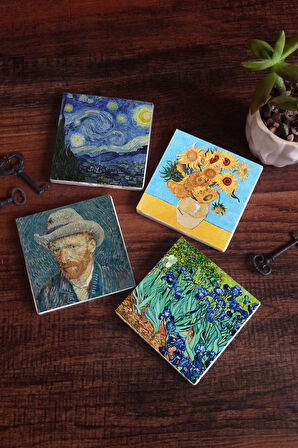 Van Gogh On İki Ayçiçekli Vazo, İrisler, Yıldızlı Gece, Otoportre Taş Bardak Altlığı Masaüstü Koruyucu Altlık 4 Parça Set 10x10cm Stone Coasters